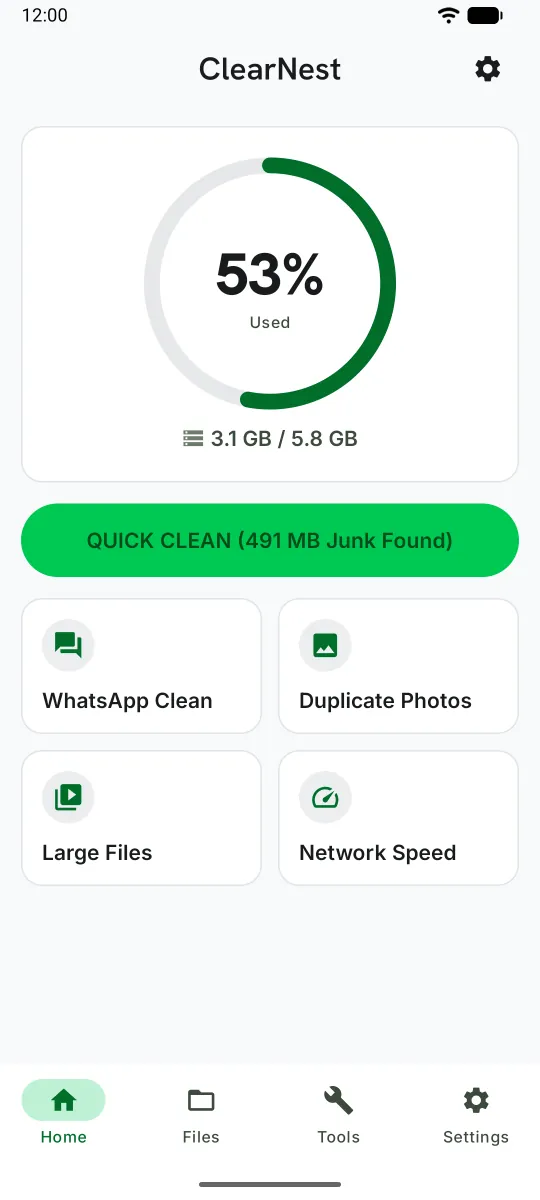 ClearNest home screen showing how much storage is used, with a Quick Clean button and cleaning tools