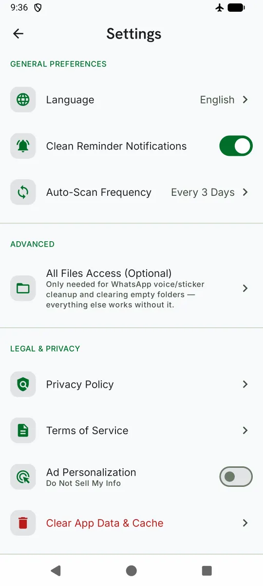ClearNest Settings showing language, reminder notifications, and optional All Files Access
