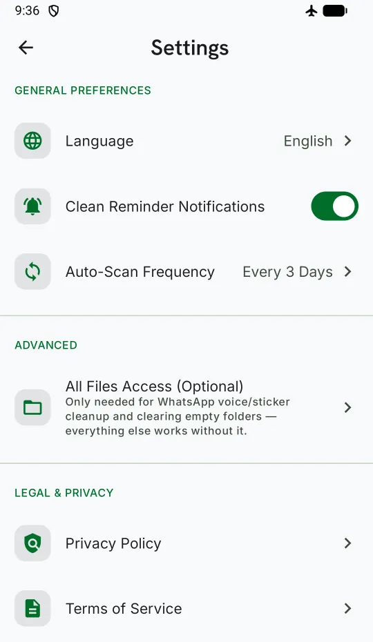 ClearNest Settings showing language, reminder notifications, and optional All Files Access